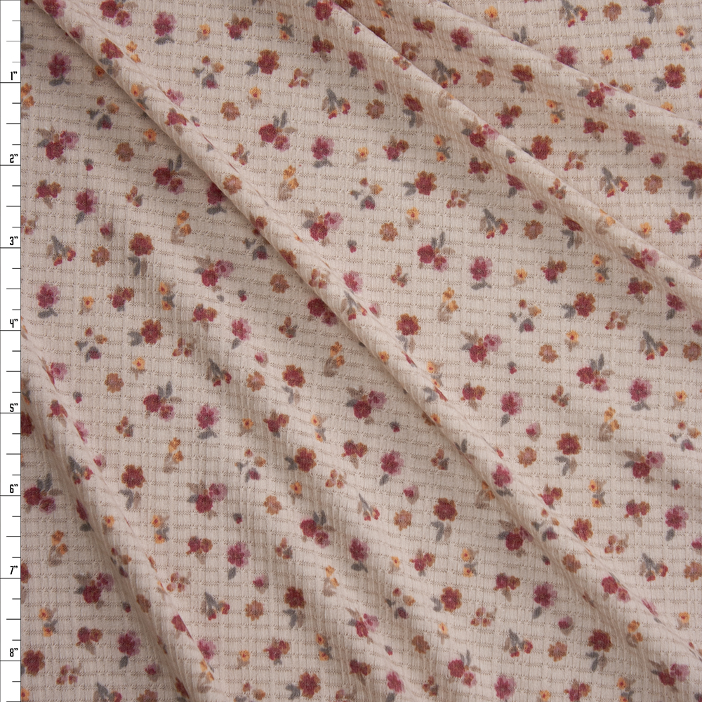 Small Magenta and Orange Floral on Cream Lightweight Waffle Knit Fabric By The Yard