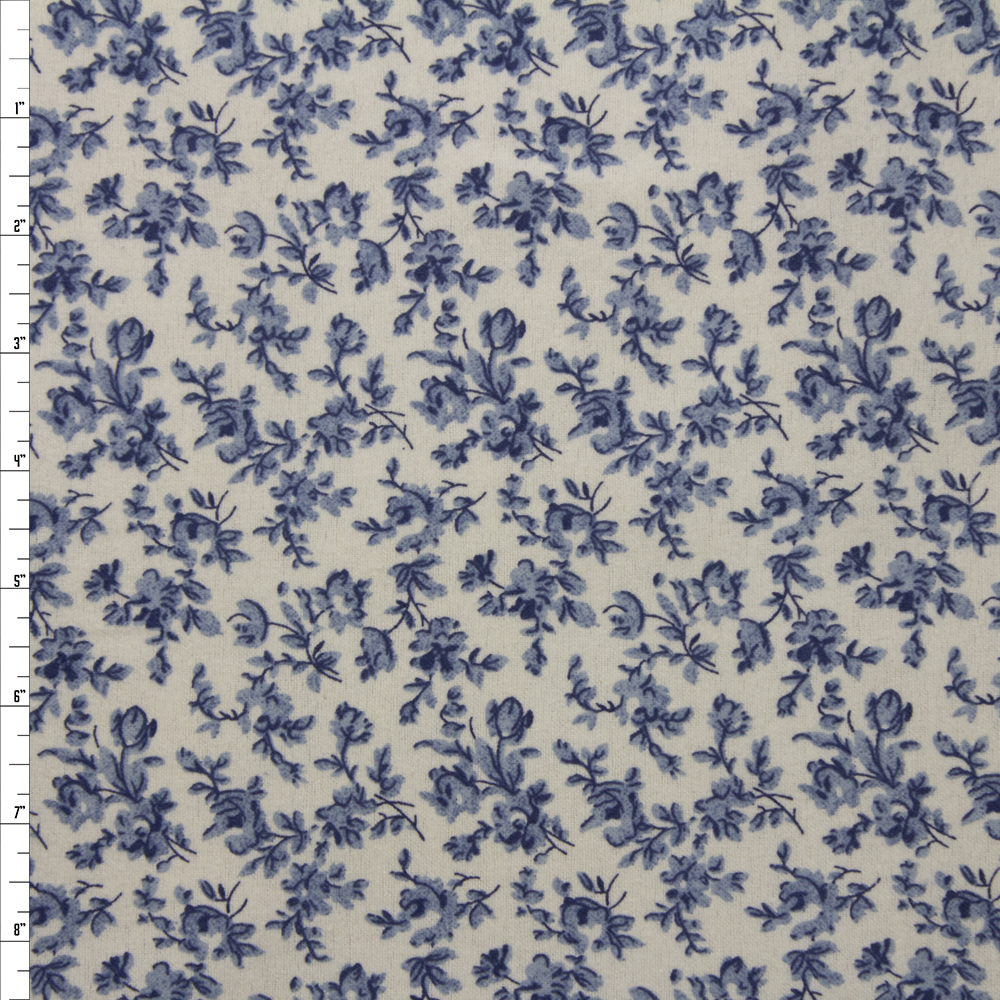 Blue Floral on Ivory Double Nap Cotton Flannel Fabric By The Yard