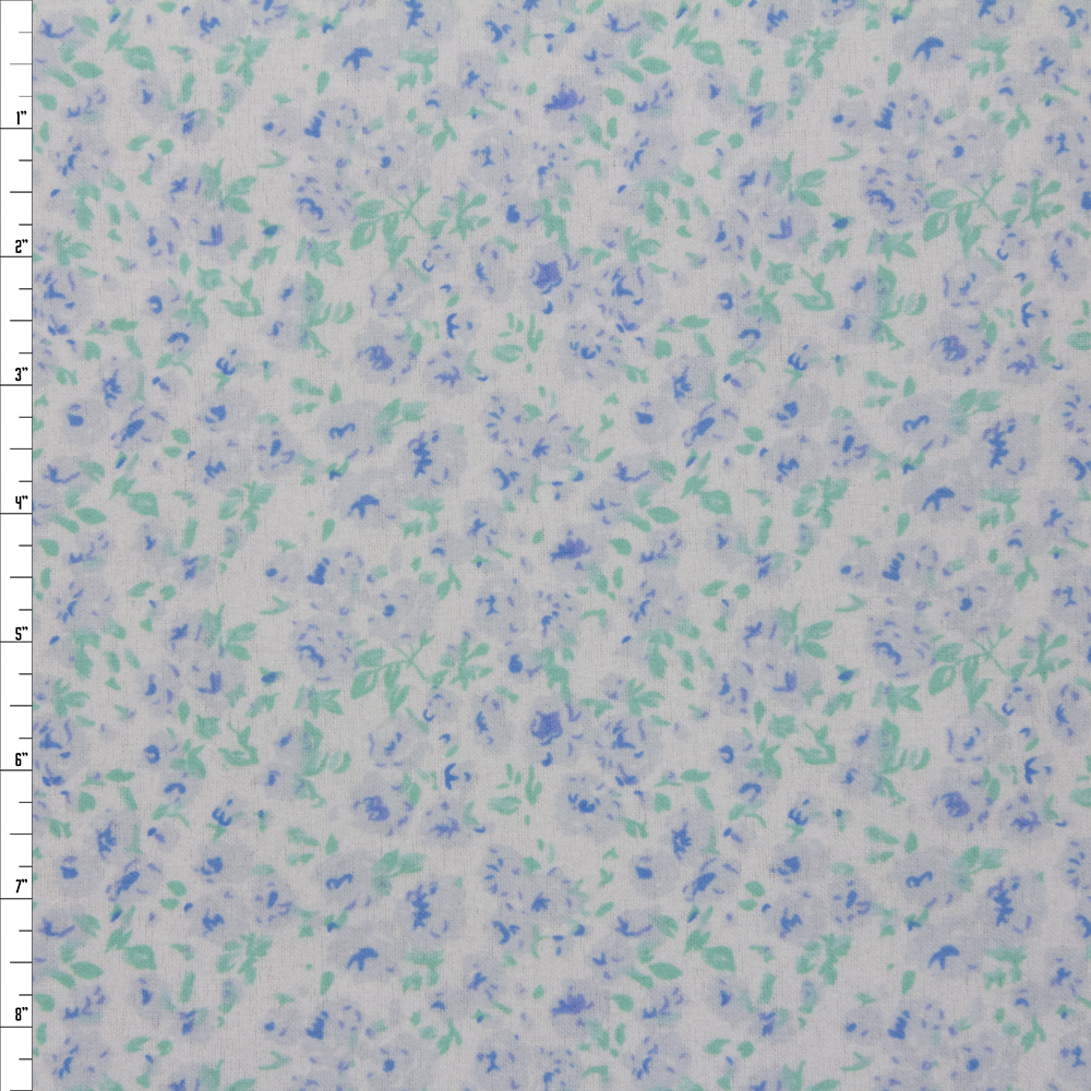 Light Blue and Seafoam Floral on Offwhite Double Nap Cotton Flannel Fabric By The Yard