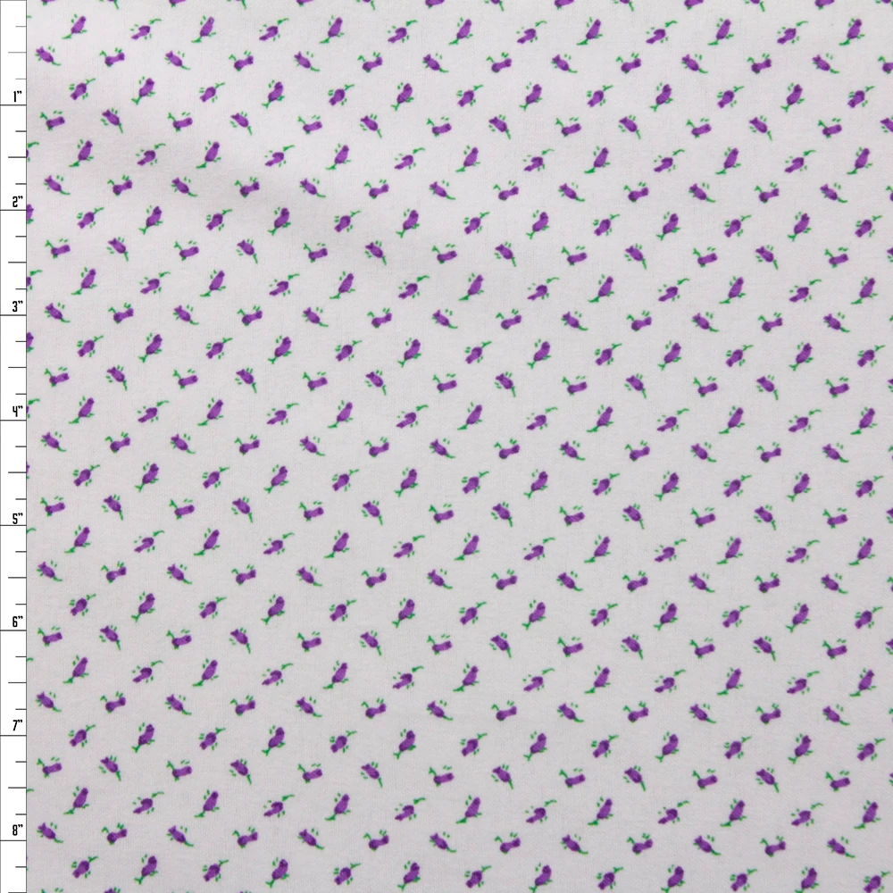 Purple Mini Floral on White Double Nap Cotton Flannel Fabric By The Yard