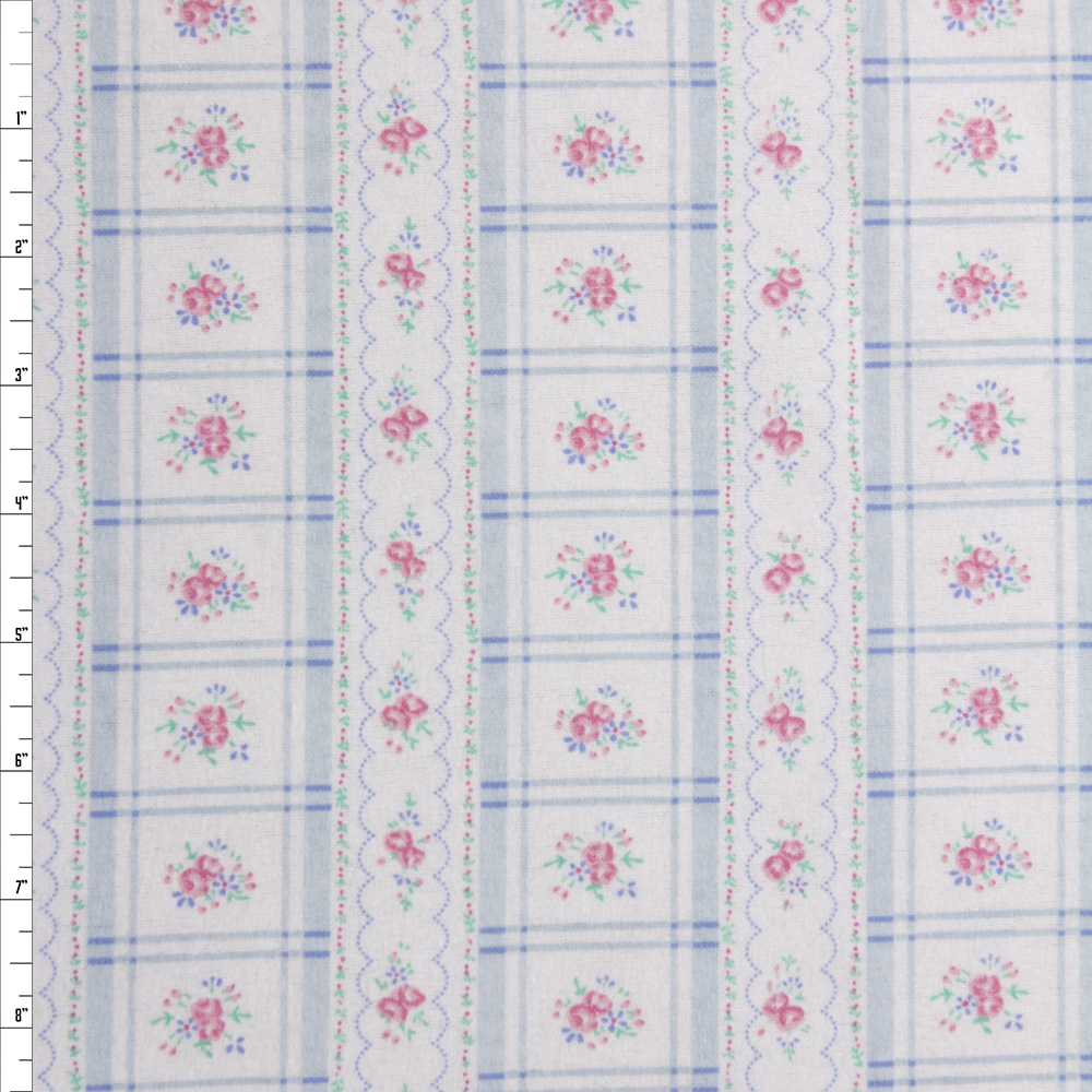 Blue and Pink Plaid Stripe on White Double Nap Cotton Flannel Fabric By The Yard