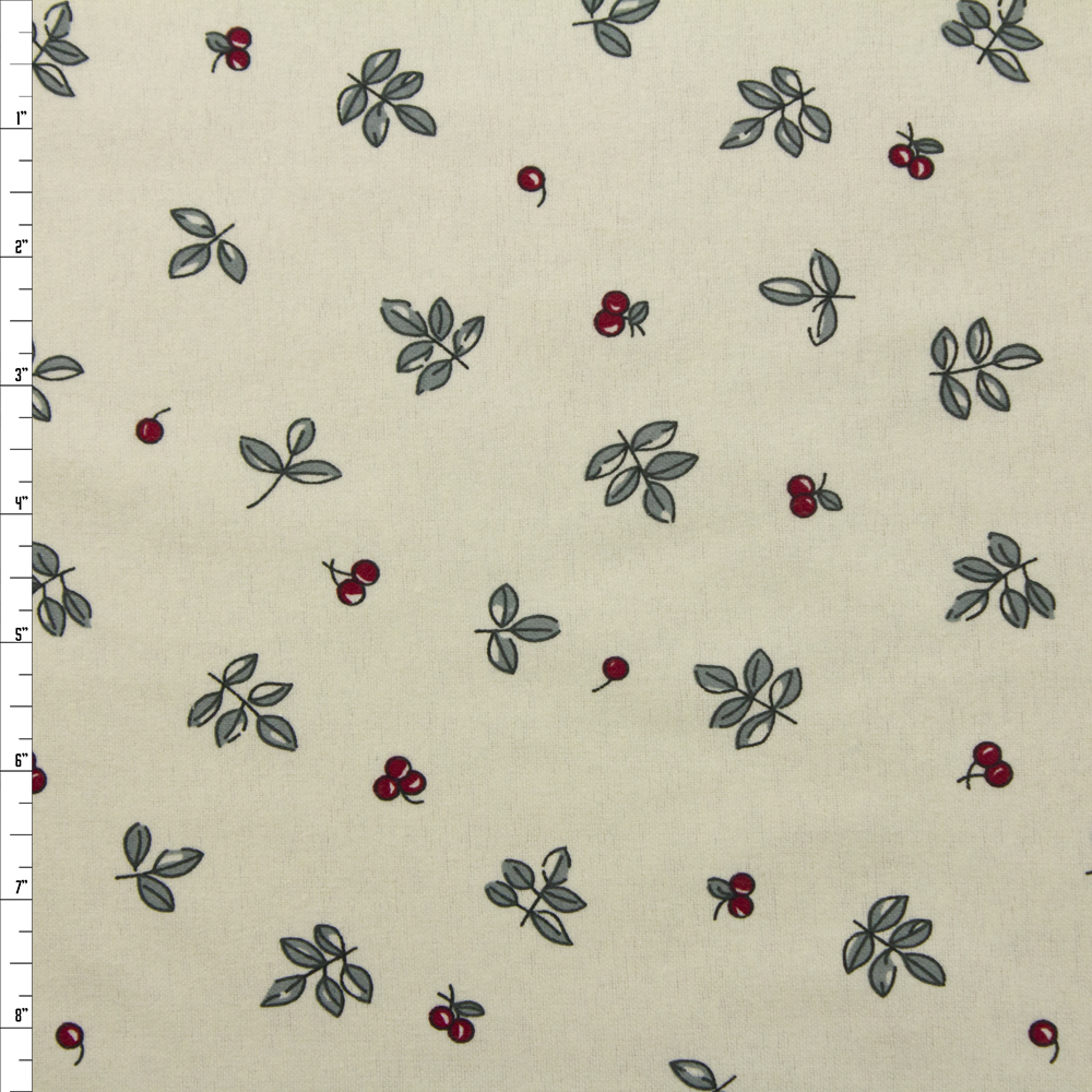 Leaves and Berries on Ivory Double Nap Cotton Flannel Fabric By The Yard