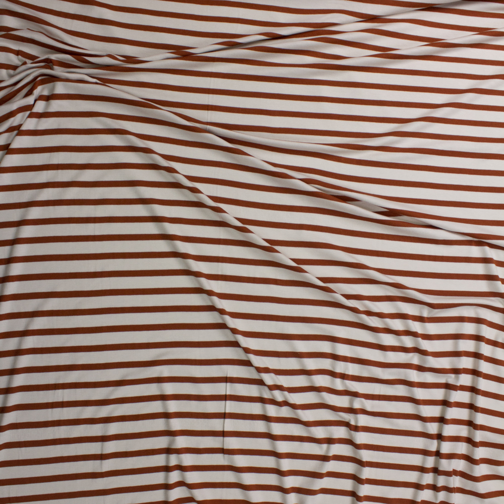 Rust and Ivory Pencil Stripe Stretch Modal Jersey Fabric By The Yard - Wide shot
