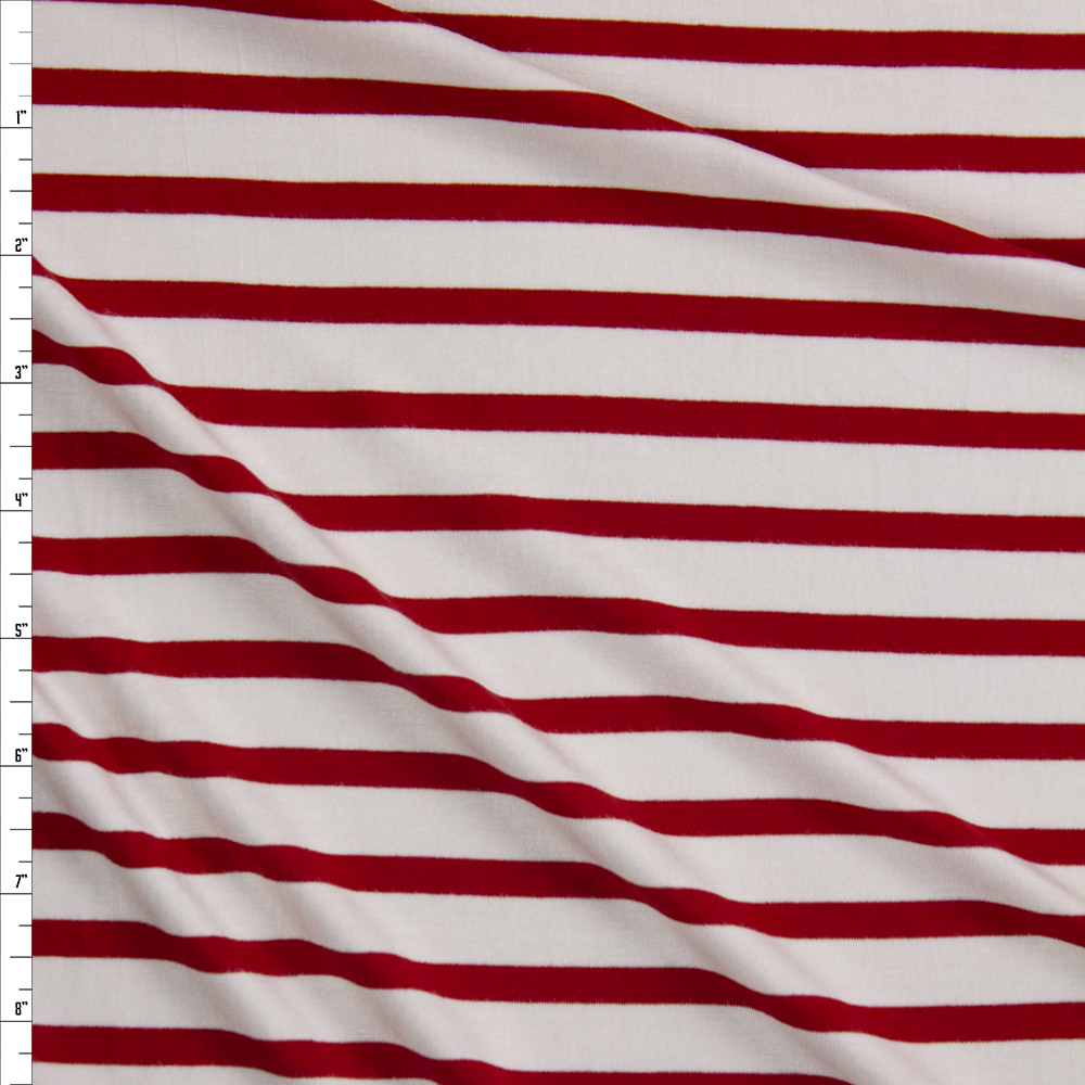 Red and Offwhite Pencil Stripe Stretch Modal Jersey Fabric By The Yard