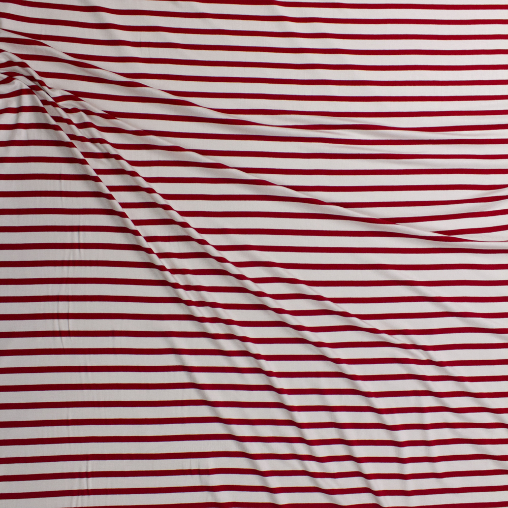 Red and Offwhite Pencil Stripe Stretch Modal Jersey Fabric By The Yard - Wide shot