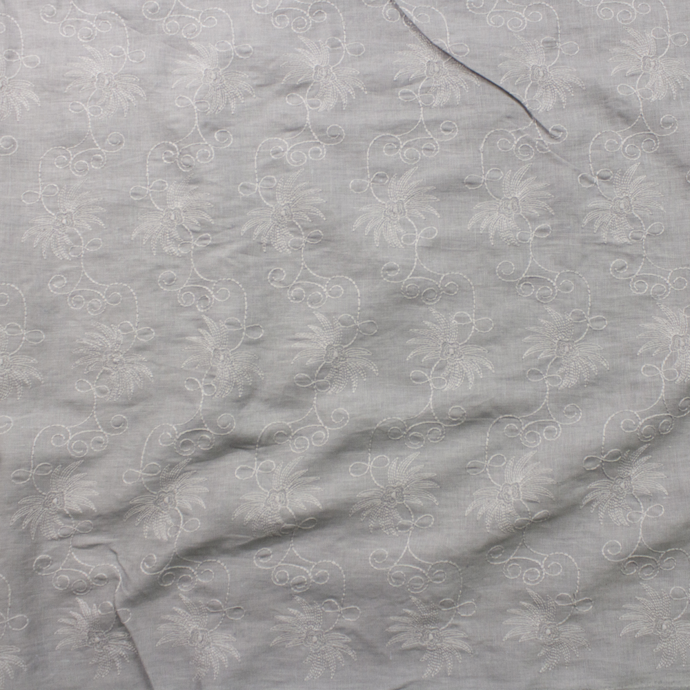 Grey on Grey Embroidered Floral Designer Linen Fabric By The Yard - Wide shot
