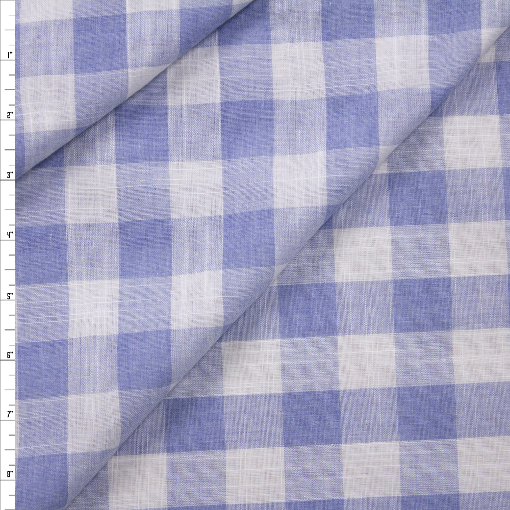 Light Blue and White Gingham Polyester Linen Look Fabric By The Yard
