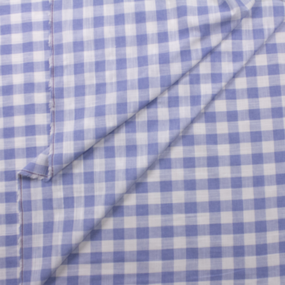 Light Blue and White Gingham Polyester Linen Look Fabric By The Yard - Wide shot