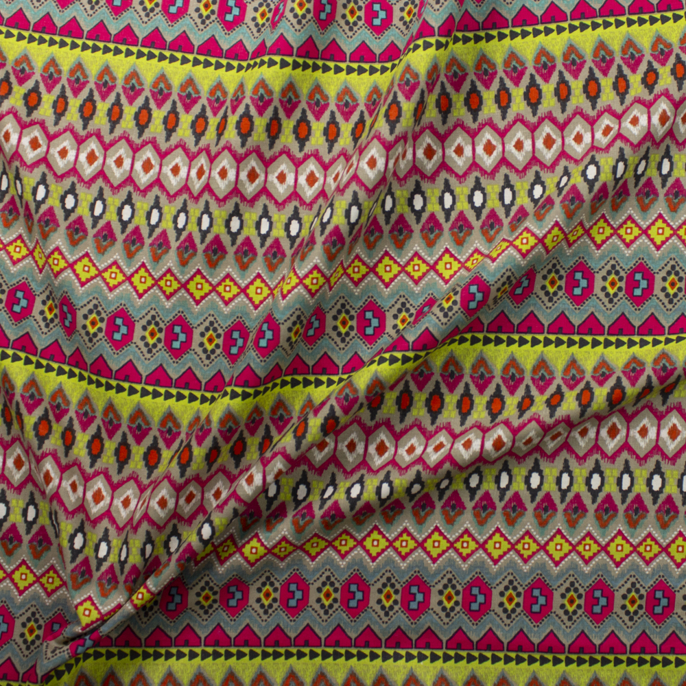 Neon Green, Aqua, Hot Pink, and Tan Tribal Pattern Midweight Cotton/Linen Blend Fabric By The Yard - Wide shot