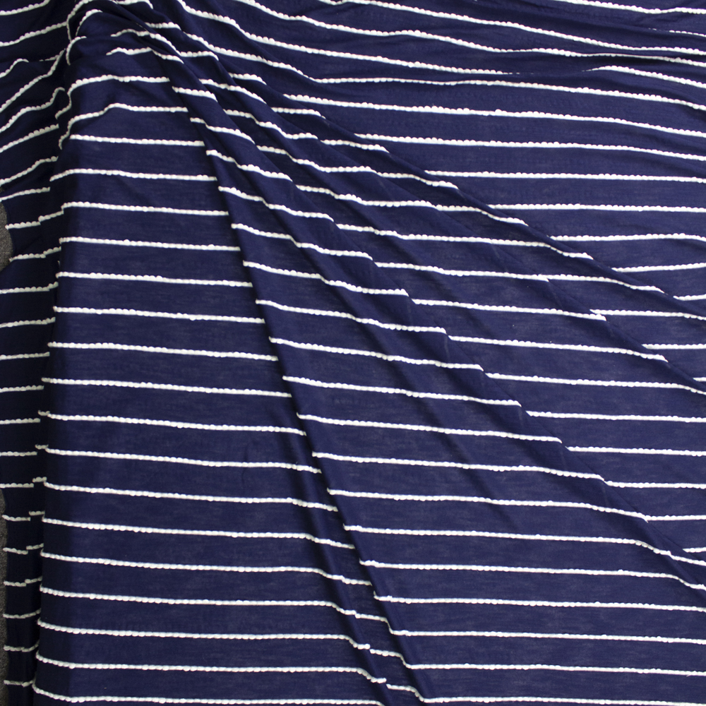 White On Navy Blue Scalloped Mini Ruffle Jersey Knit Fabric By The Yard - Wide shot