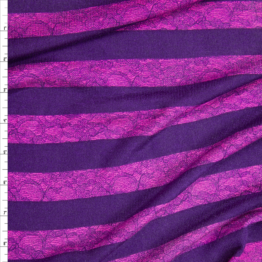 Purple and Hot Pink Horizontal Lace Stripe Lightweight Hacci Sweater Knit Fabric By The Yard