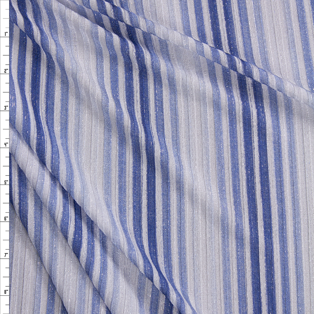Sparkling Silver, Blue, and White Vertical Stripe Poly Rib Knit Fabric By The Yard