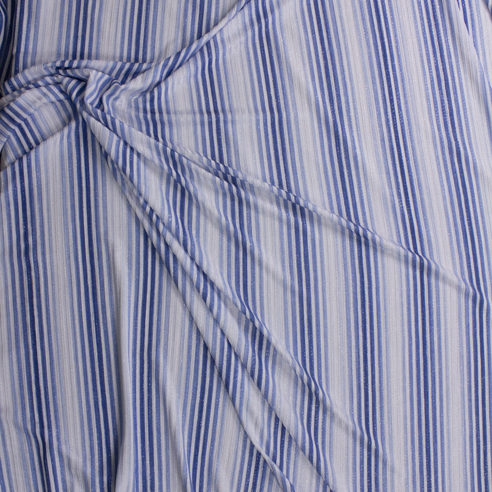 Sparkling Silver, Blue, and White Vertical Stripe Poly Rib Knit Fabric By The Yard - Wide shot