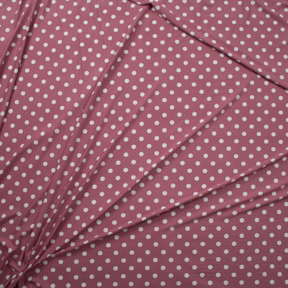 White on Mauve Polka Dots Double Brushed Poly/Spandex Knit Fabric By The Yard - Wide shot
