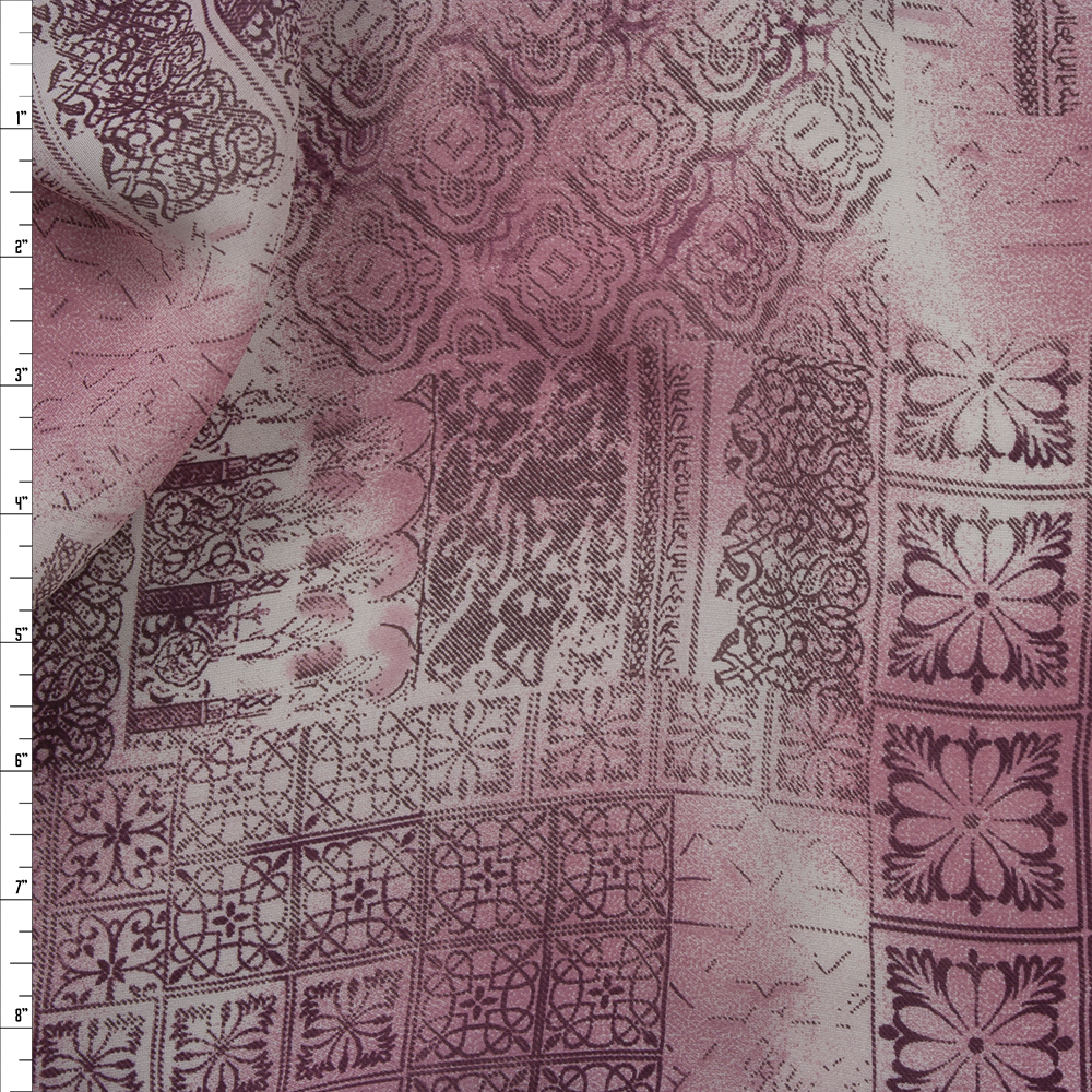 Pink and Wine Ornate Patchwork Rayon Georgette Fabric By The Yard