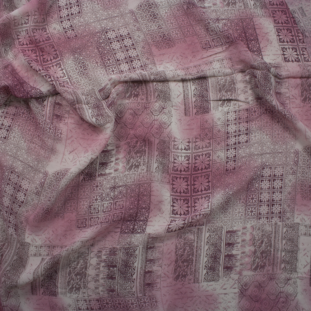 Pink and Wine Ornate Patchwork Rayon Georgette Fabric By The Yard - Wide shot