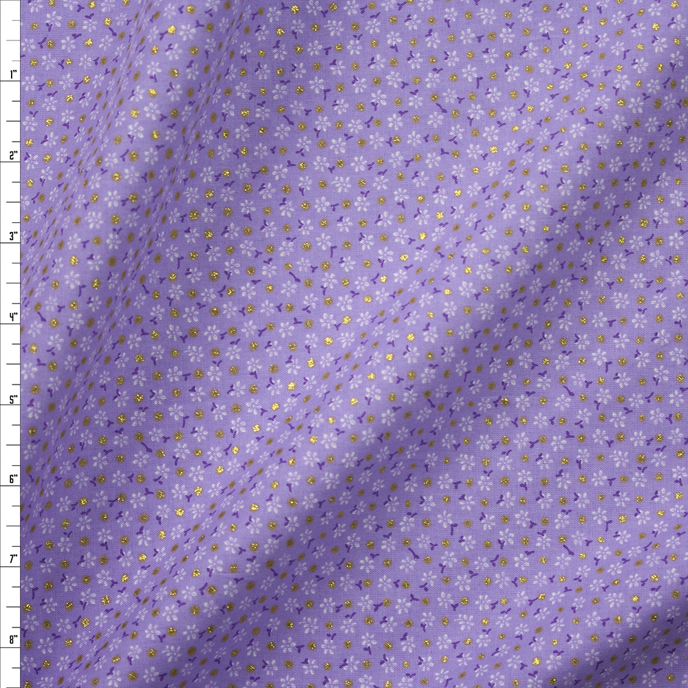 Metallic Gold Polka Dots on Lavender and White Mini Floral Quilter’s Cotton Fabric By The Yard