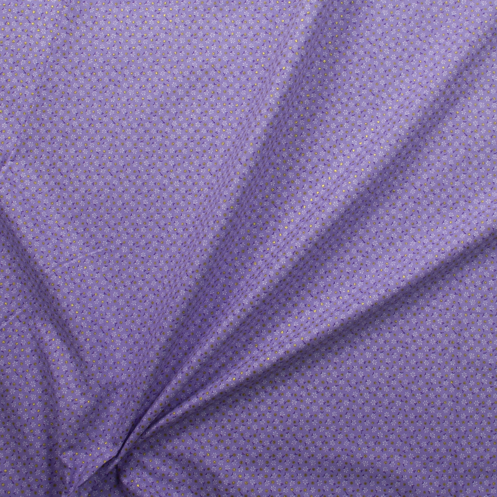 Metallic Gold Polka Dots on Lavender and White Mini Floral Quilter’s Cotton Fabric By The Yard - Wide shot
