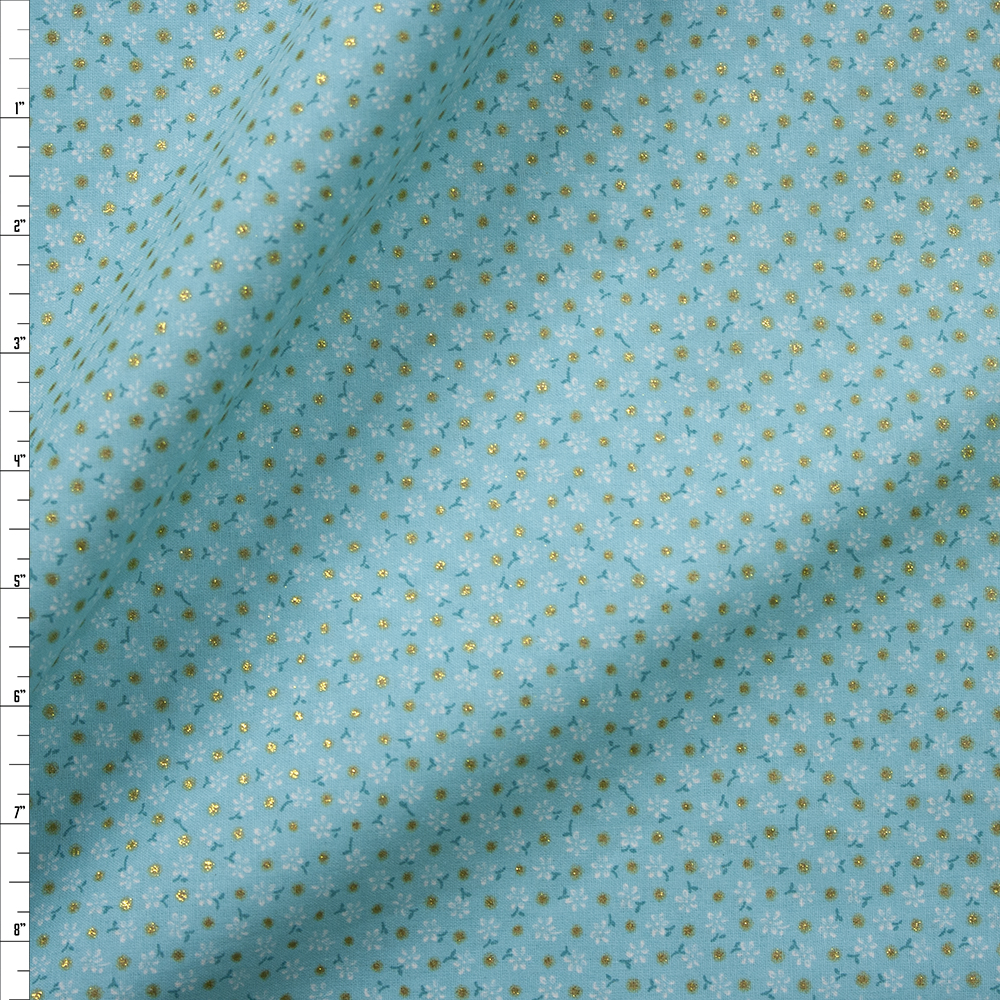 Metallic Gold Polka Dots on Aqua and White Mini Floral Quilter’s Cotton Fabric By The Yard