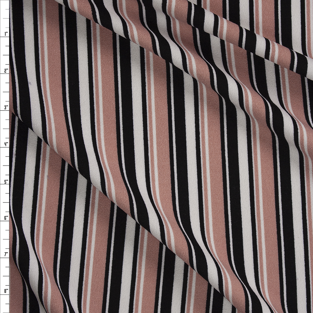 Dusty Pink, Black, and White Vertical Stripe Crepe Knit Fabric By The Yard