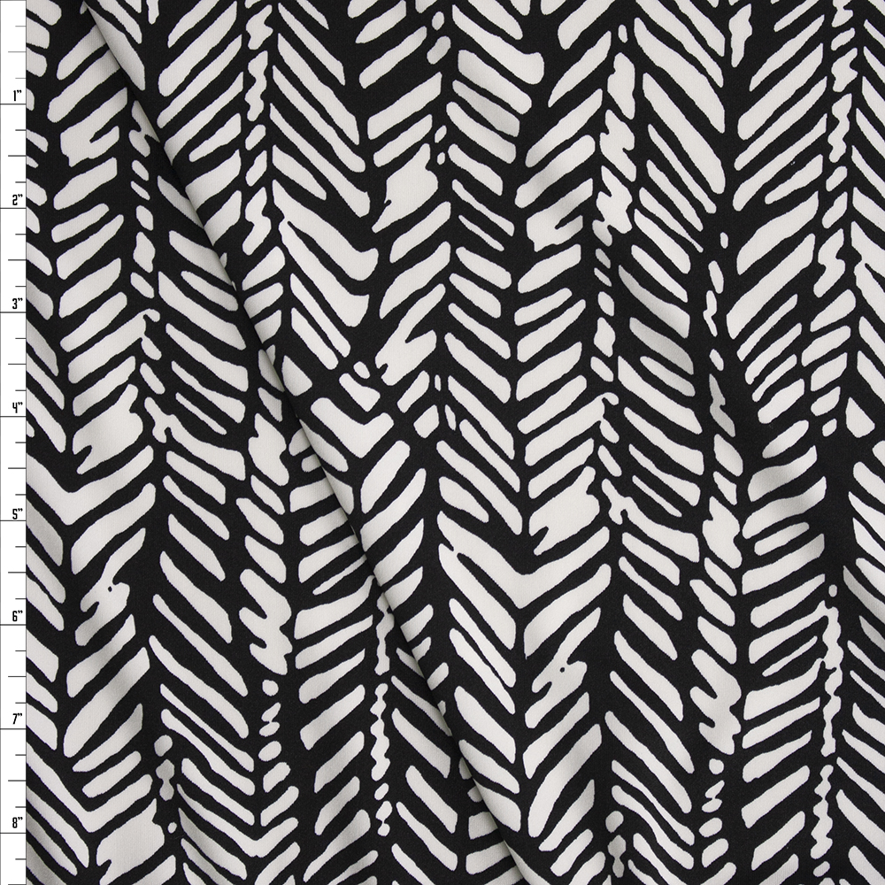 Black and White Paintbrush Zigzag Pattern Poly/Spandex Stretch Knit Fabric By The Yard