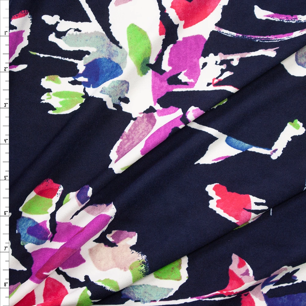 Colorful Abstract Flowers on Navy Designer Poly/Spandex Knit Fabric By The Yard