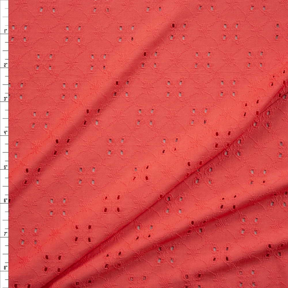 Coral Floral Eyelet Stretch Poly Knit Fabric By The Yard