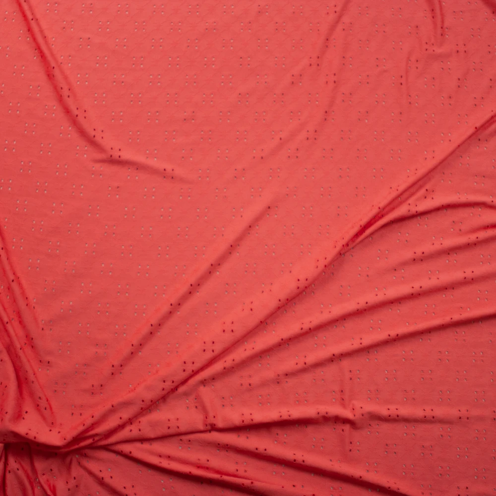 Coral Floral Eyelet Stretch Poly Knit Fabric By The Yard - Wide shot