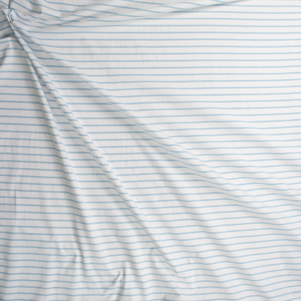 Light Blue and Metallic Silver Stripes on Warm White Fabric By The Yard - Wide shot