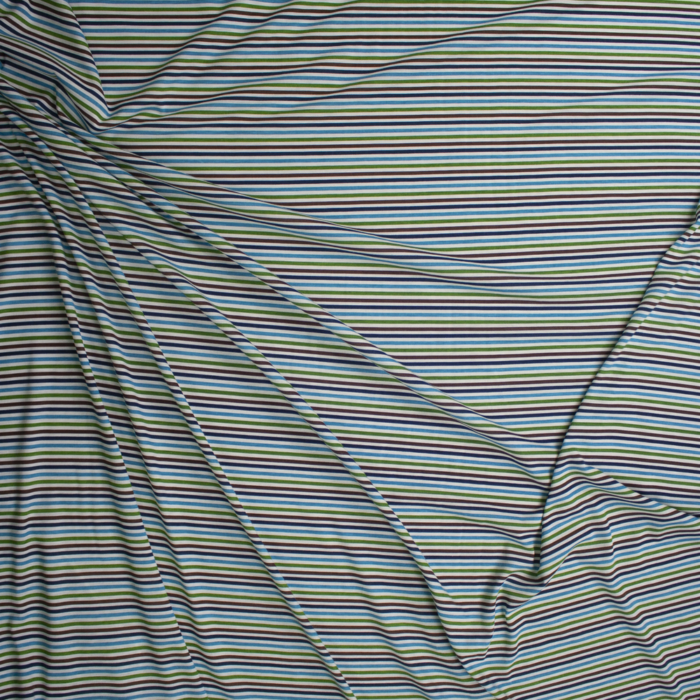 Lime, Turquoise, Navy, and Brown on White Narrow Horizontal Stripes Fabric By The Yard - Wide shot