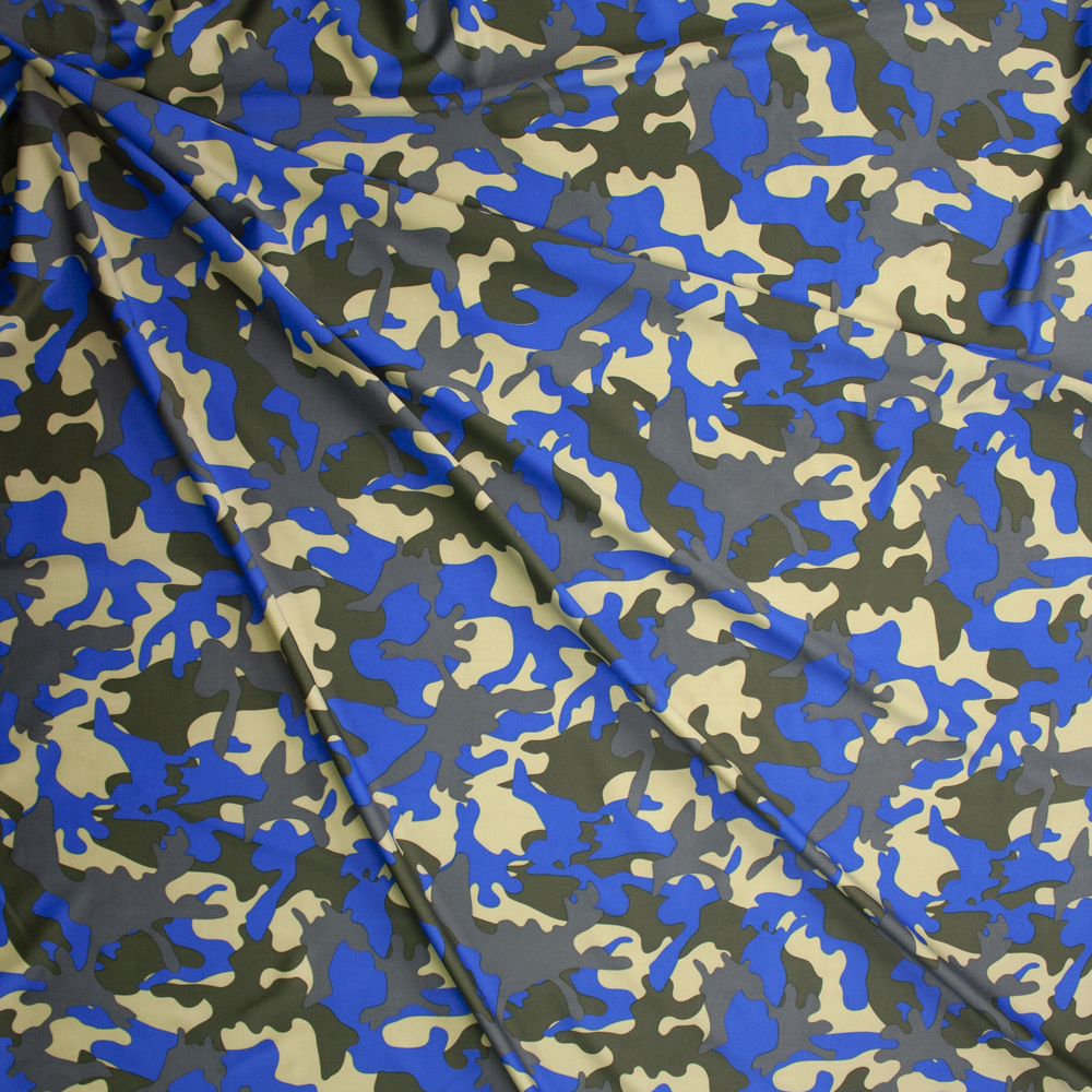 Olive, Tan, Grey, and Bright Blue Camo Fabric By The Yard - Wide shot