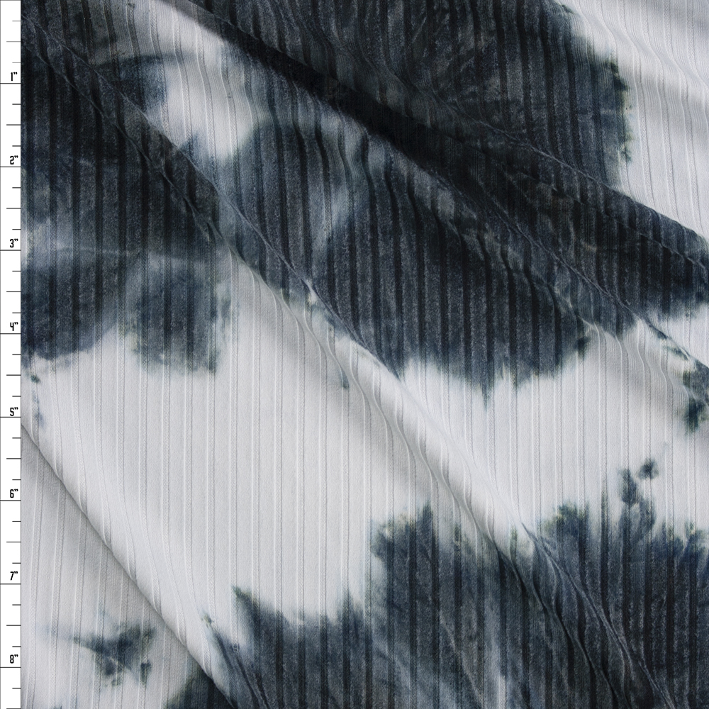 Navy and White Tie Dye Stretch Brushed Rib Knit Fabric By The Yard