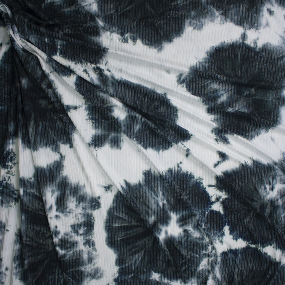 Navy and White Tie Dye Stretch Brushed Rib Knit Fabric By The Yard - Wide shot
