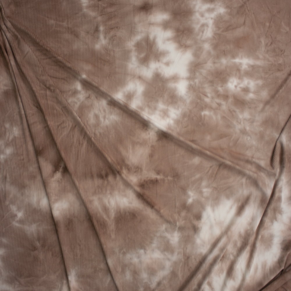 Tan and White Tie Dye Stretch Brushed Rib Knit Fabric By The Yard - Wide shot