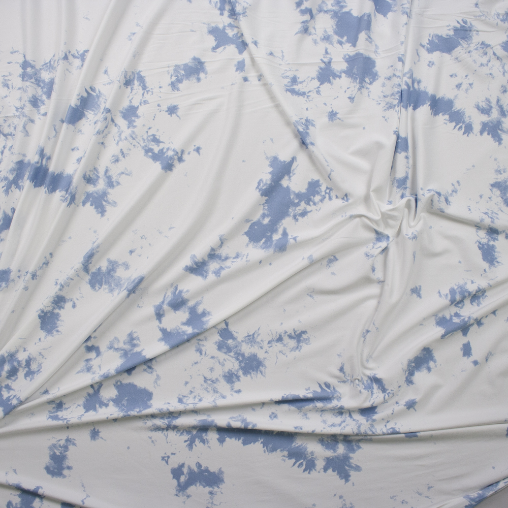 Sky Blue and White Tie Dye Double Brushed Poly/Spandex Knit Fabric By The Yard - Wide shot