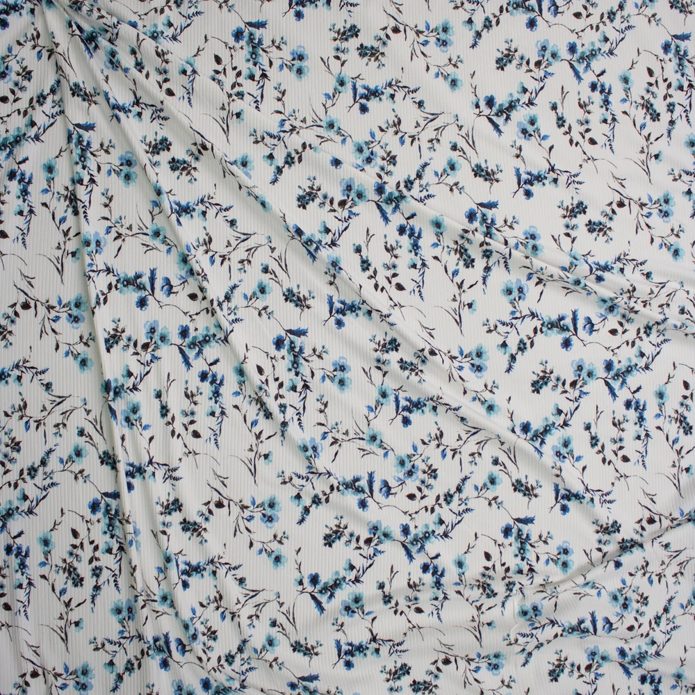 Light Blue Floral on White Brushed Stretch Rib Knit Fabric By The Yard - Wide shot