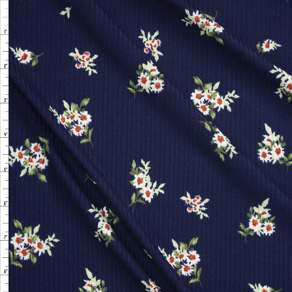 White Floral on Navy Blue Brushed Stretch Rib Knit Fabric By The Yard