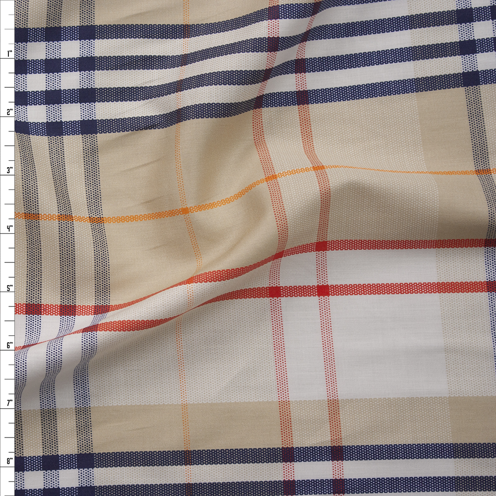 Tan, Red, Navy, and White Plaid Lightweight Cotton Sateen Fabric By The Yard
