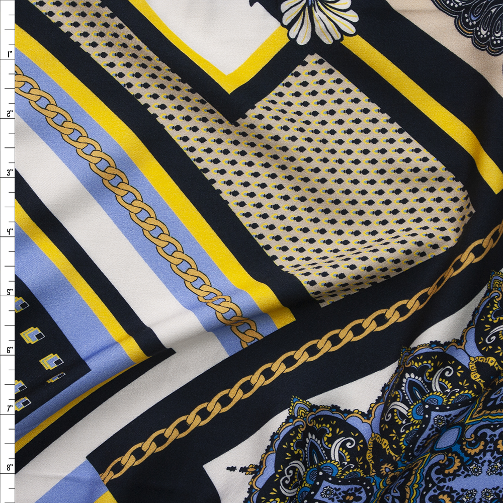 Black, Light Blue, Tan, and Gold Chains and Paisley Diamonds Rayon Challis Fabric By The Yard