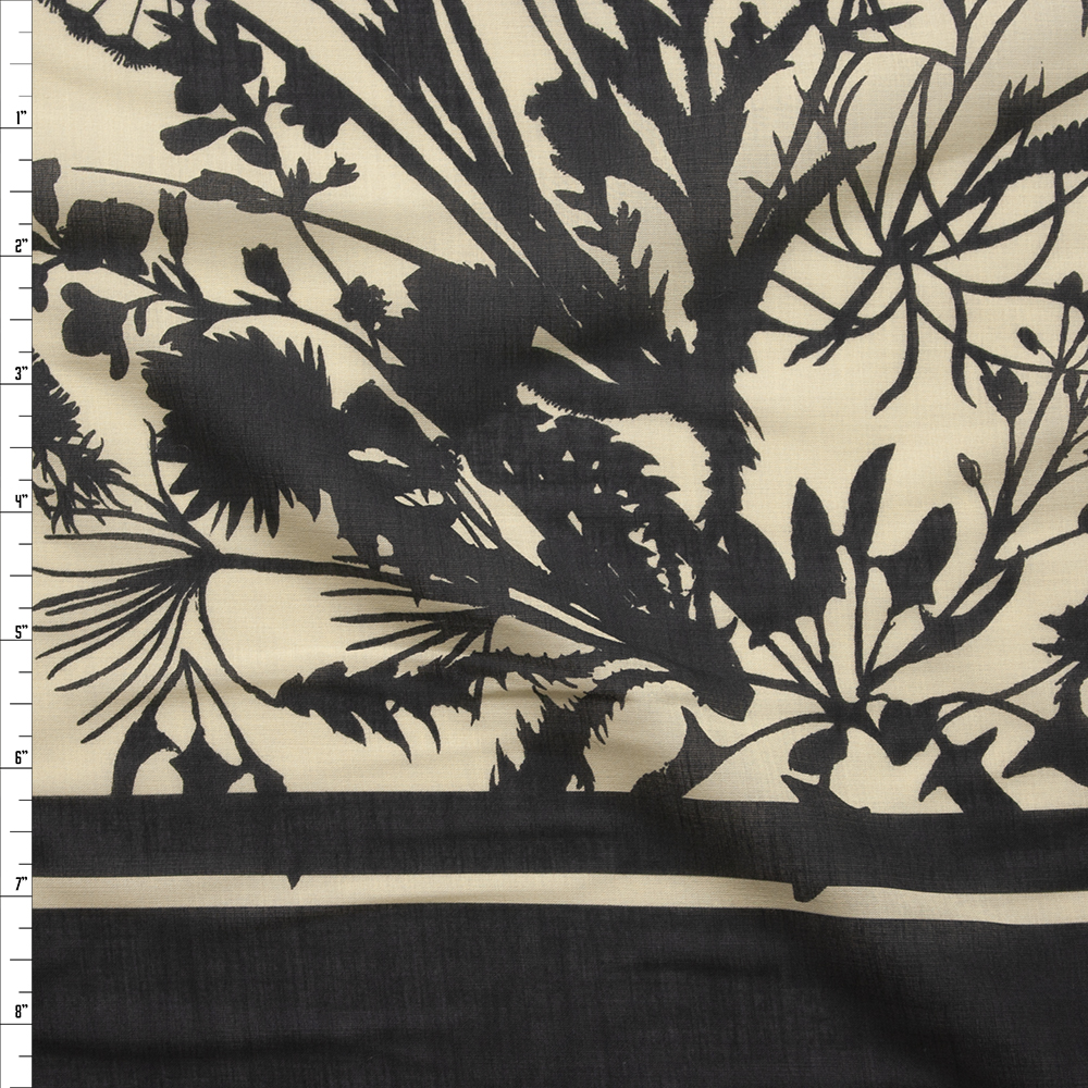 Black Wildflower Silhouettes on Soft Yellow Cotton Voile Fabric By The Yard