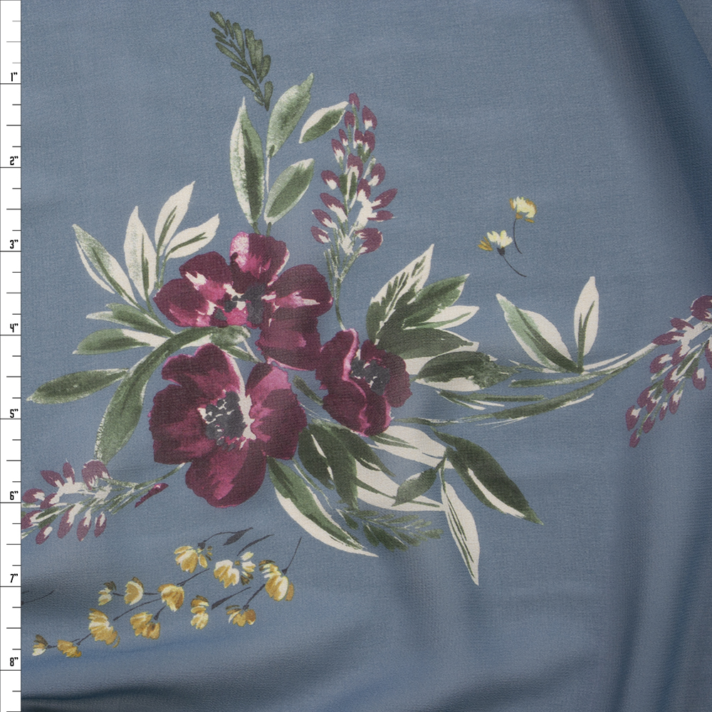 Plum Floral on Slate Blue Designer Chiffon Fabric By The Yard