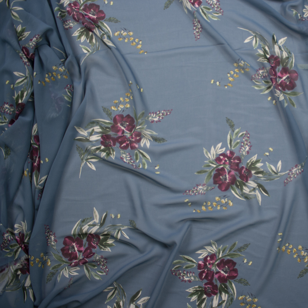 Plum Floral on Slate Blue Designer Chiffon Fabric By The Yard - Wide shot