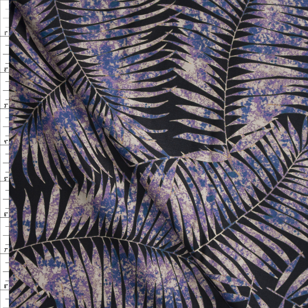 Purple Splatter Palm Silhouettes on Black Designer Cotton Shirting from ‘Tori Richards’ Fabric By The Yard