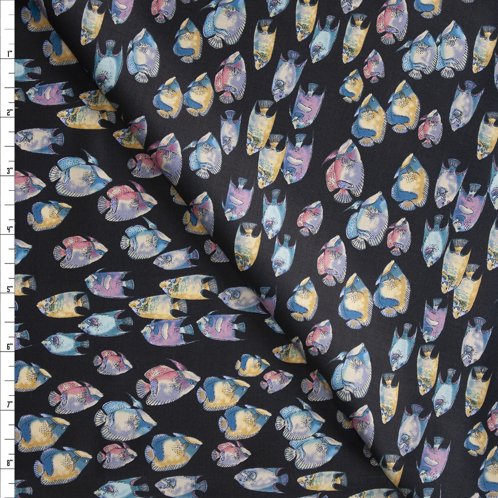 Colorful Fish School on Black Designer Cotton Shirting from ‘Tori Richards’ Fabric By The Yard