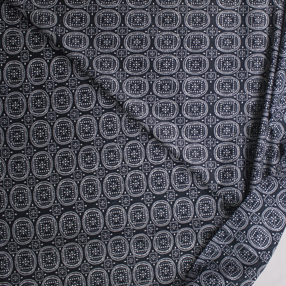 Dot Medallions on Black Designer Cotton Shirting from ‘Tori Richards’ Fabric By The Yard - Wide shot