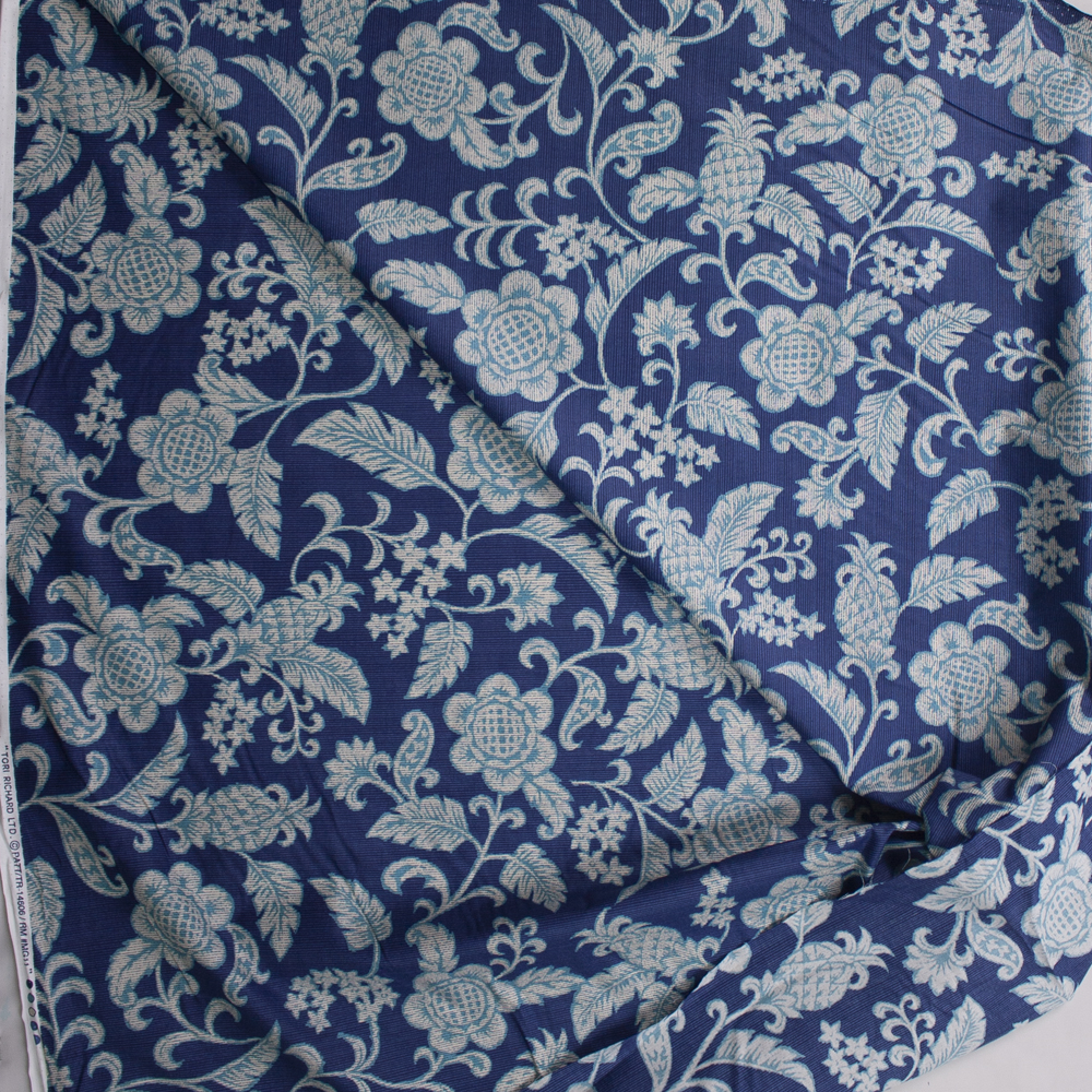 Pineapple Scrollwork on Blue Designer Cotton Shirting from ‘Tori Richards’ Fabric By The Yard - Wide shot
