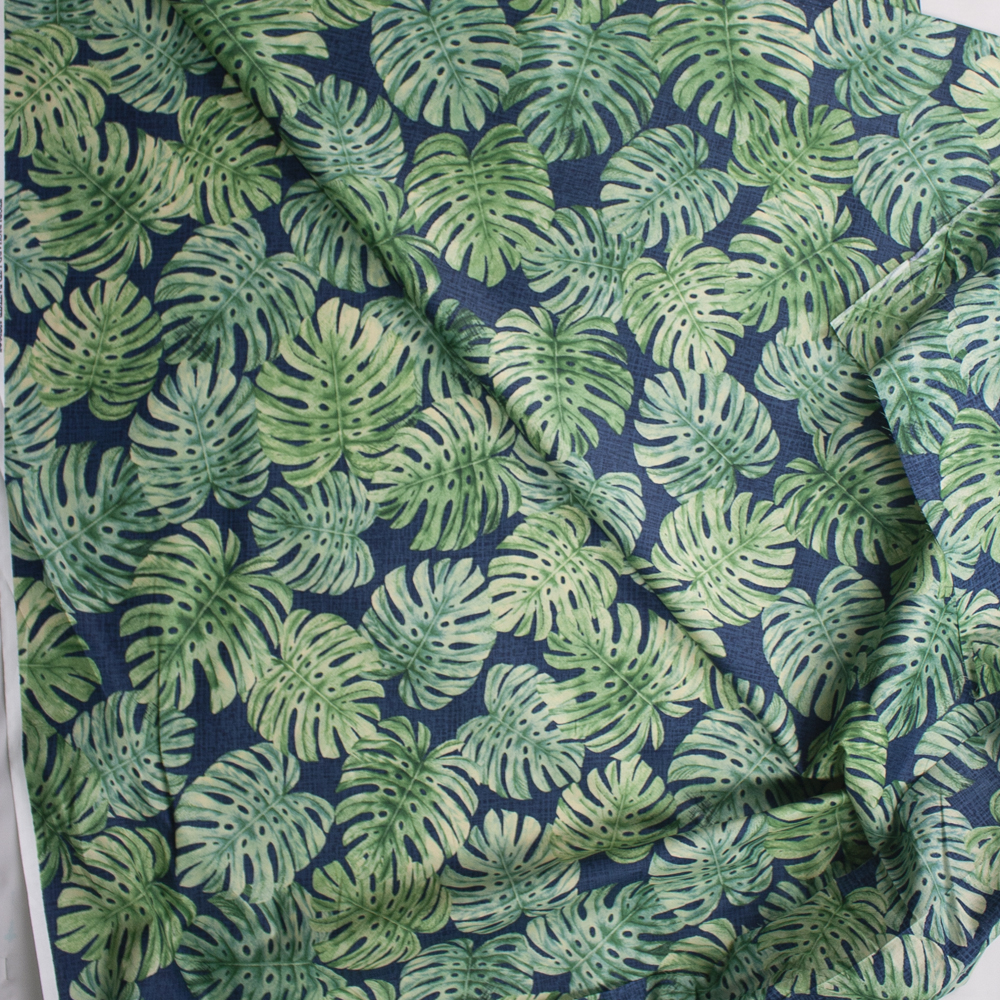 Short Palms on Blue Designer Cotton Shirting from ‘Tori Richards’ Fabric By The Yard - Wide shot