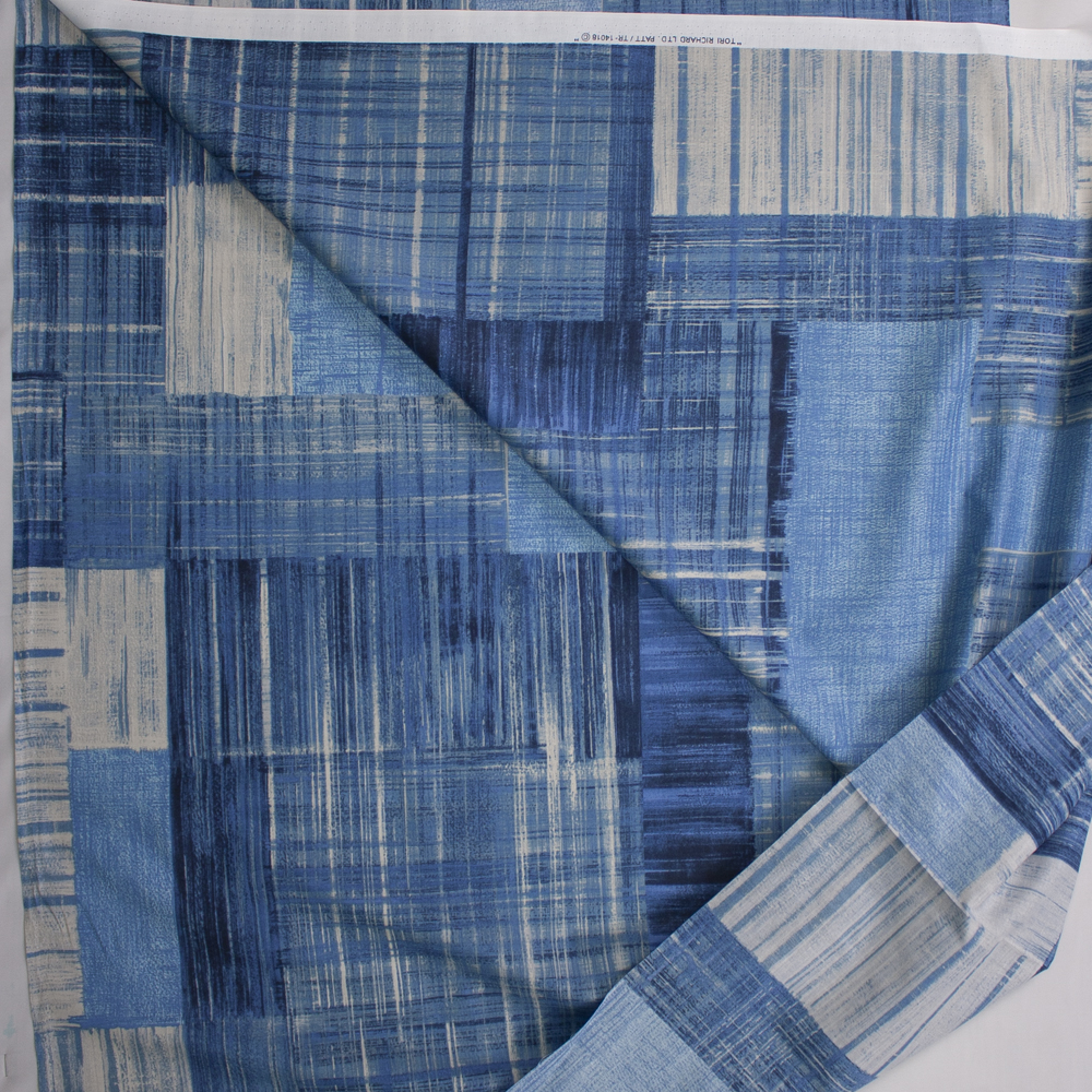 Paintstroke Patchwork Blue Designer Cotton Shirting from ‘Tori Richards’ Fabric By The Yard - Wide shot