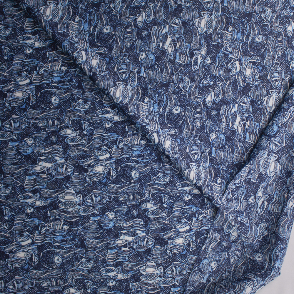 Crisscross Fish Blue Designer Cotton Shirting from ‘Tori Richards’ Fabric By The Yard - Wide shot