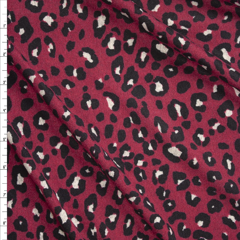 Black and Grey Cheetah on Burgundy Brushed Midweight Sweater Knit Fabric By The Yard